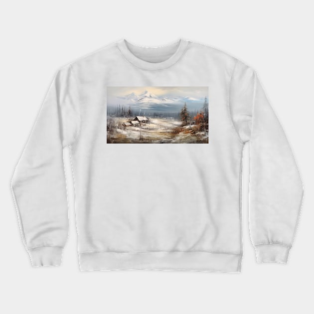 Painting of cozy cabins overlooking the mighty mountains for your Airbnb, hotel, motel or home Crewneck Sweatshirt by UmagineArts